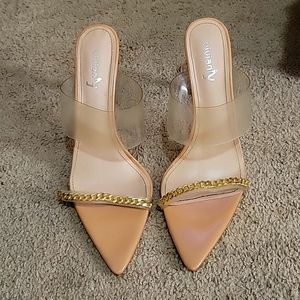 Nude Backless Pointed Toe Heels with Gold Chain Details